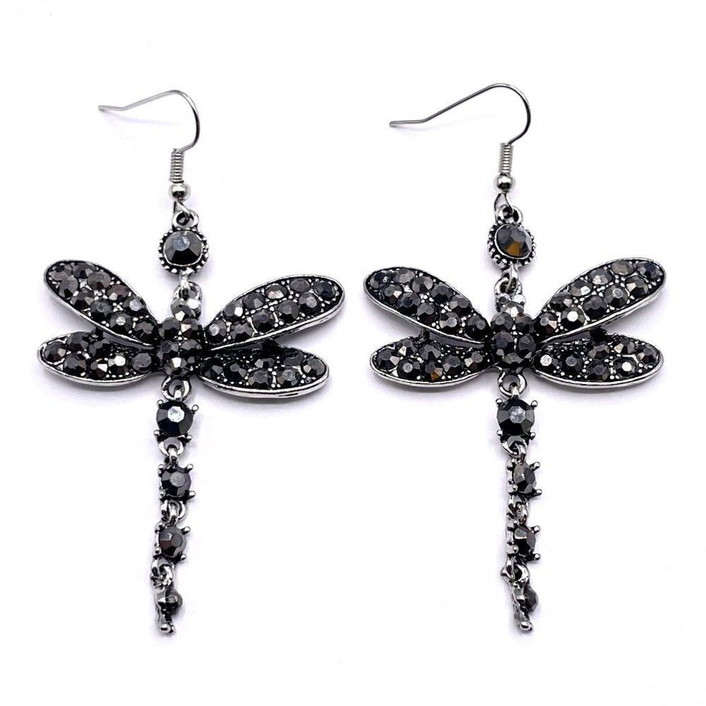 Silver with Charcoal Gray Crystal Dragonfly Dangling Hook Earrings